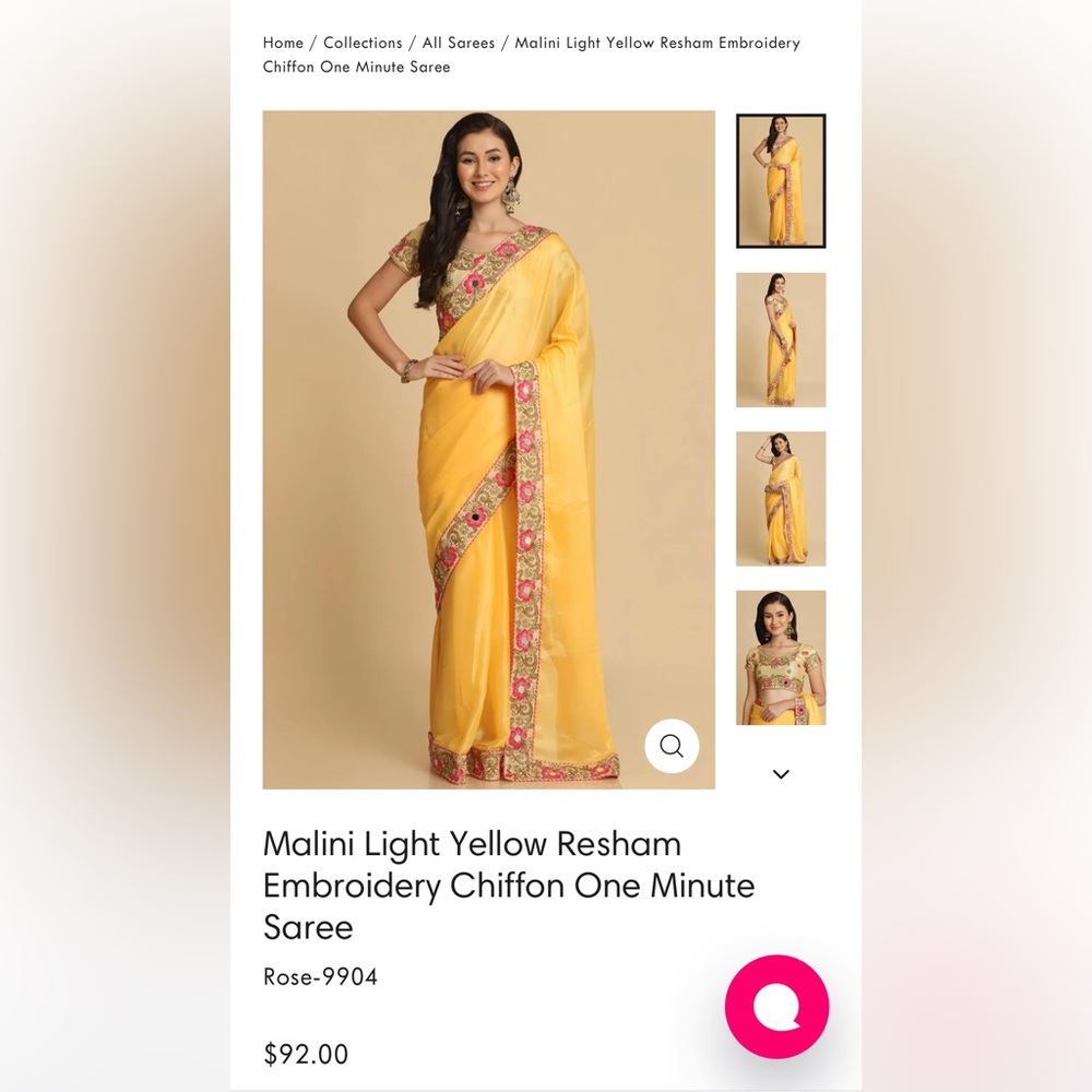 One minute saree yellow size 6/34C